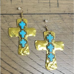 Earrings Golden hammered cross 3 blue crosses laid vertically. 2” x 1.5”.  NIP.